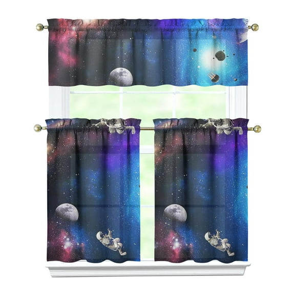 Set of 3 Space and Galaxy Kitchen Curtains, Cute Celestial Star Constellation Tier Curtains with Valance, Moon and Stars Semi-Sheer Rod Pocket Panels