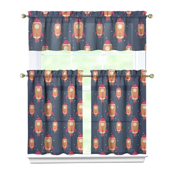 Set of 3 Space and Galaxy Kitchen Curtains, Cute Celestial Star Constellation Tier Curtains with Valance, Moon and Stars Semi-Sheer Rod Pocket Panels