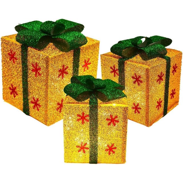 Set of 3 Sparkling Gift Boxes with Bows LED Lighted Christmas Home Garden Yard Art Decorations