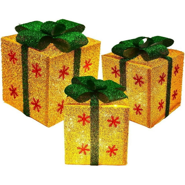 Set of 3 Sparkling Gift Boxes with Bows LED Lighted Christmas Home Garden Yard Art Decorations