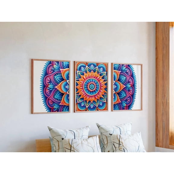 Set of 3 Spiral Mandala Wall Art, Dimensional Floral Triptych Prints, Layered Geometric Decor, Radiant Pattern Gallery Set, Stretched Canvas