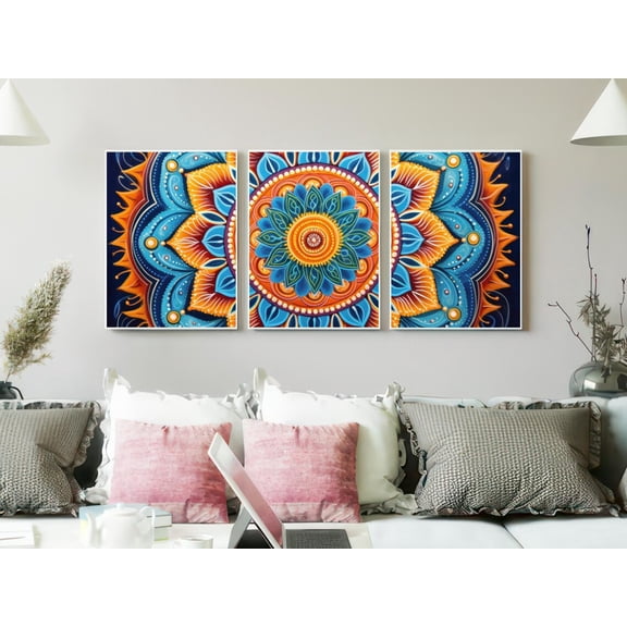 Set of 3 Spiritual Bloom Wall Art, Focus Mandala Triptych Prints, Vibrant Floral Decor, Radiant Geometric Gallery Set, Stretched Canvas