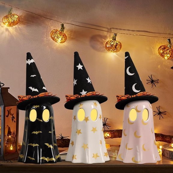 Set of 3 Spooky Cute Ceramic Ghost Figurines Wearing Witch Hats, Small Indoor Halloween Decor Ornaments for Mantel, Shelf, Tabletop, Home Party Decor