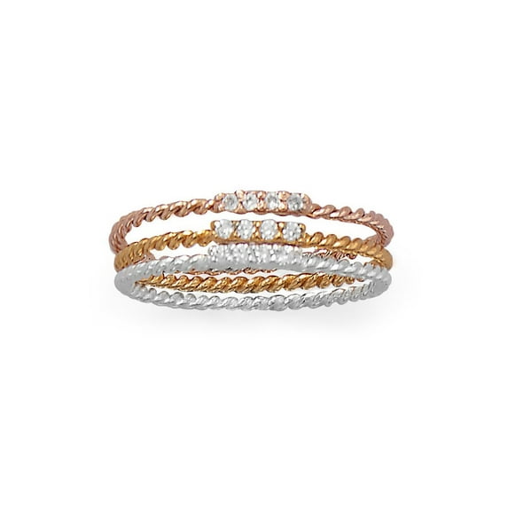 Set of 3 Stacking Rings with Cubic Zirconia Three Tone Rope Twist Band