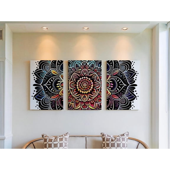 Set of 3 Stained Glass Look Wall Art, Luminous Mandala Triptych Prints, Jewel Tone Decor, Detailed Pattern Gallery Set for Home, Stretched Canvas