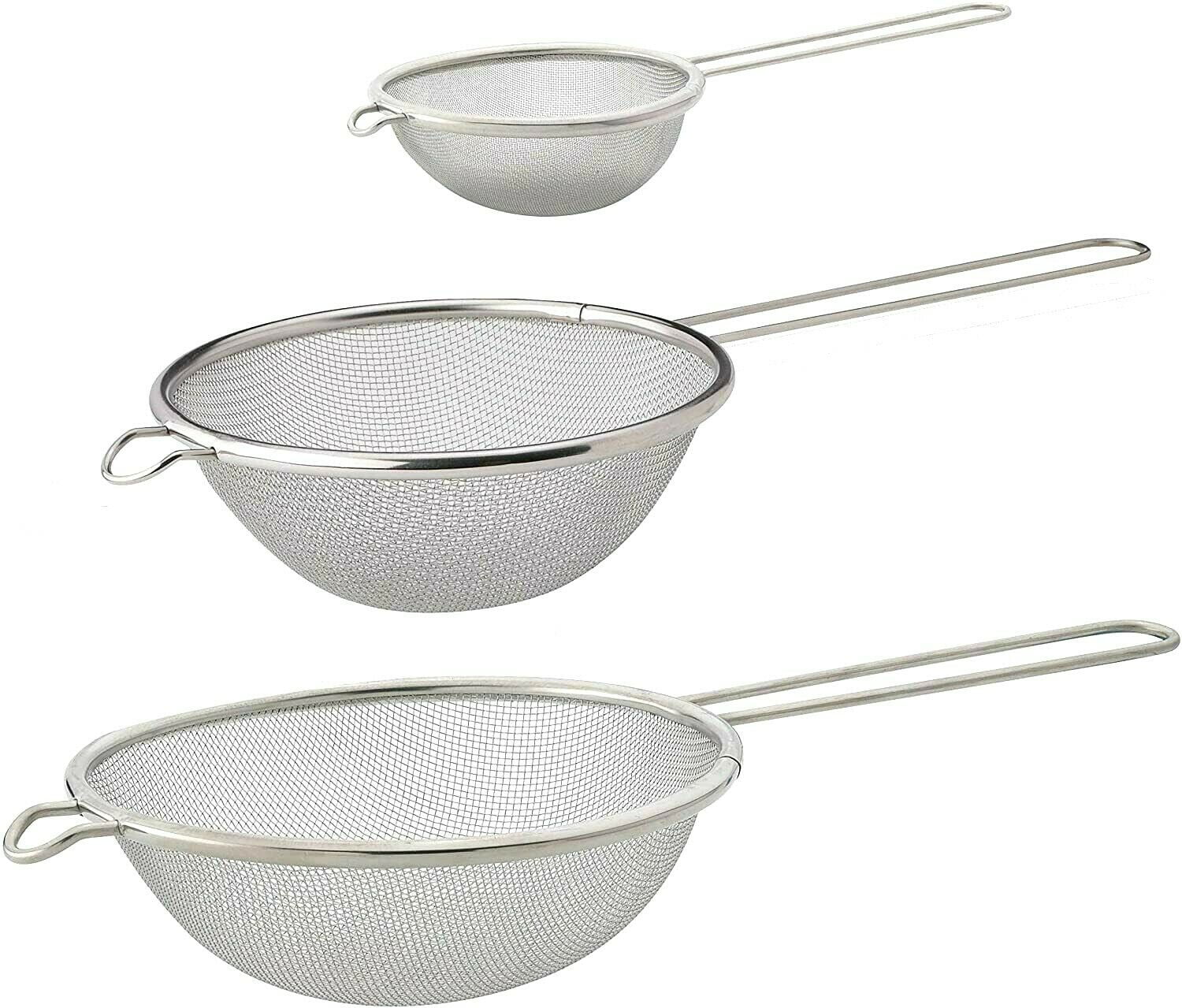 Set of 3 Stainless Steel Fine Mesh Strainers Kitchen Cooking Baking