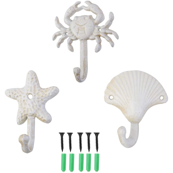 Set of 3 Starfish Seashell Crab Cast Iron Decorative Wall Hooks Coats Aprons Hats Towels Hooks Beach Ocean Theme Chic Metal Hooks (White)