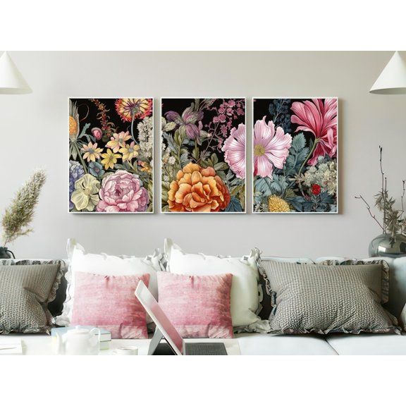 Set of 3 Statement Wall Art, Bold Botanical Triptych Prints, Dark Floral Decor, Vintage Garden Gallery Set for Large Wall, Poster Only