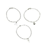JOYFUL CREATIONS Set of 3, Sterling Silver Outline Heart, Puff Heart, Cross Charm Bracelet Anklet Adjustable, 11"