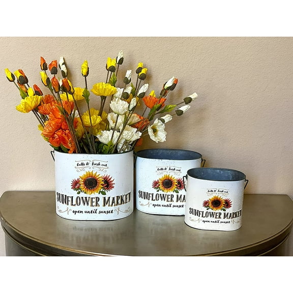 Set of 3 Sunflower Market Decorative Buckets Modern Farmhouse Country Decor Rustic Kitchen Room Indoor Outdoor