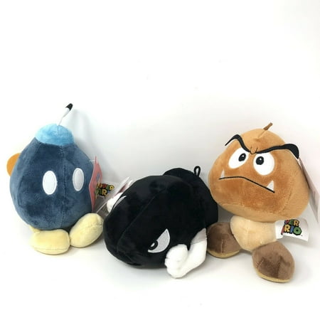 Set of 3 Super Mario - Goomba, Bullet Bill and Bob-omb Villains Nintendo Plush 5"-6"