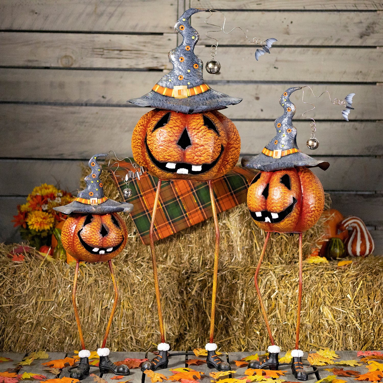 Set of 3 Tall Long-Legged Witch Hat Metal Jack-O-Lantern Pumpkin Figurines…