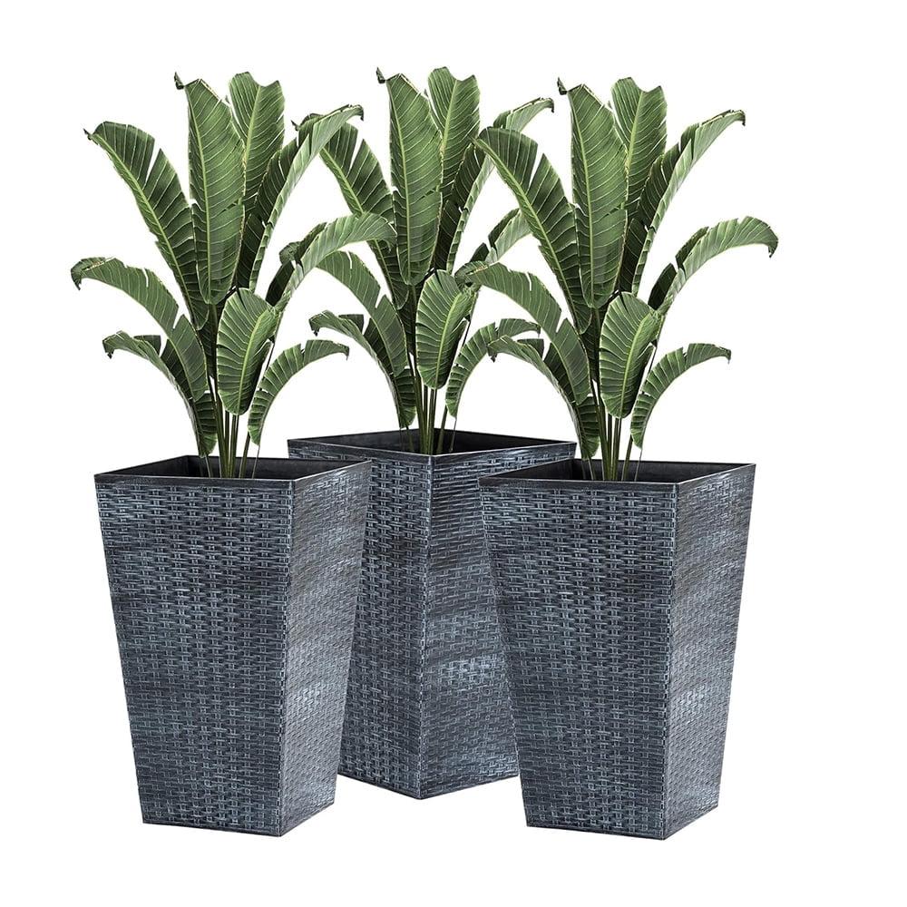 Set of 3 Tall Gray Wicker Planters with Drainage