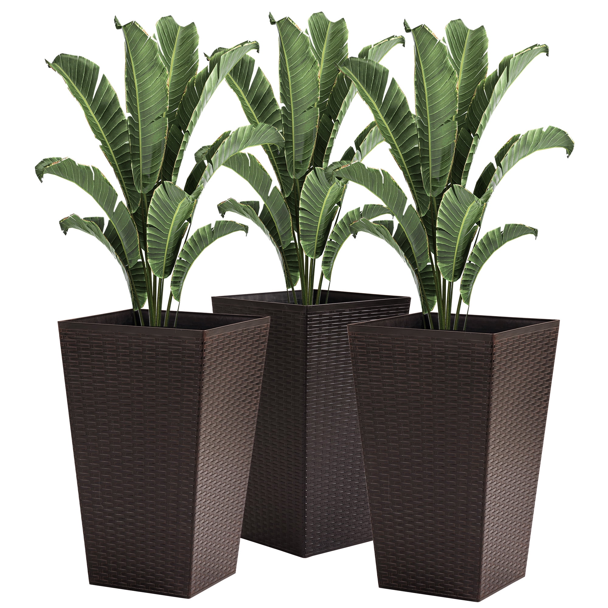 Set of 3 Tall Planters with Drainage Hole, Outdoor Flower Pots, Indoor Planters for Porch, Front Door, Entryway, Patio and Deck, Brown