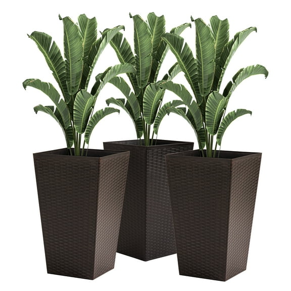 Set of 3 Tall Planters with Drainage Hole, Outdoor Flower Pots, Indoor Planters for Porch, Front Door, Entryway, Patio and Deck, Brown