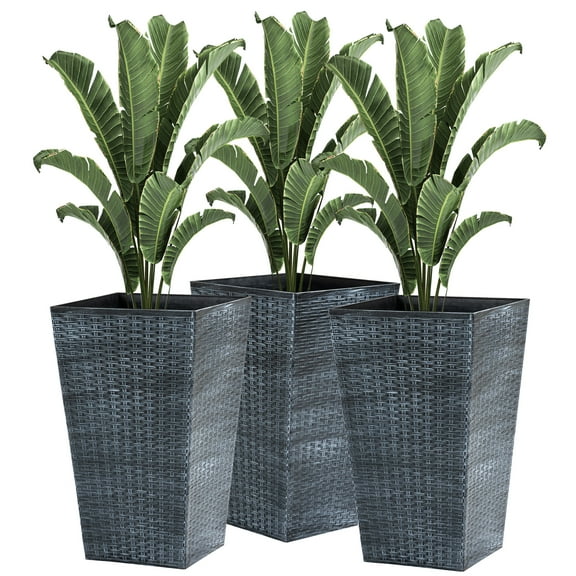 Set of 3 Tall Planters with Drainage Hole, Outdoor Flower Pots, Indoor Planters for Porch, Front Door, Entryway, Patio and Deck, Gray