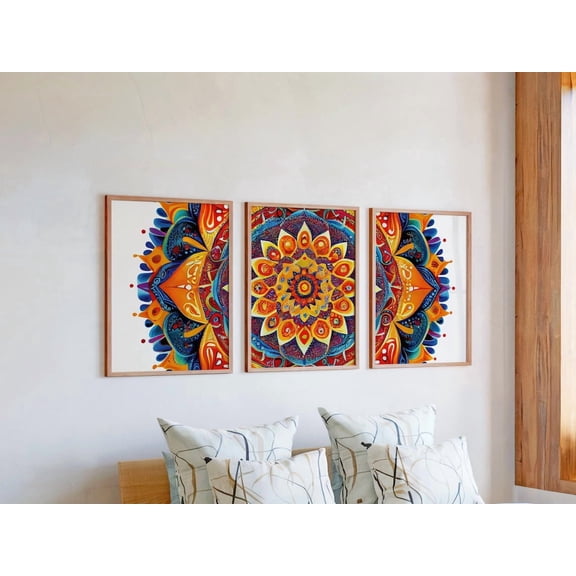 Set of 3 Teal & Gold Mandala Art, Vibrant Geometric Triptych Prints, Warm Floral Decor, Boho Energy Gallery Set for Bedroom, Stretched Canvas