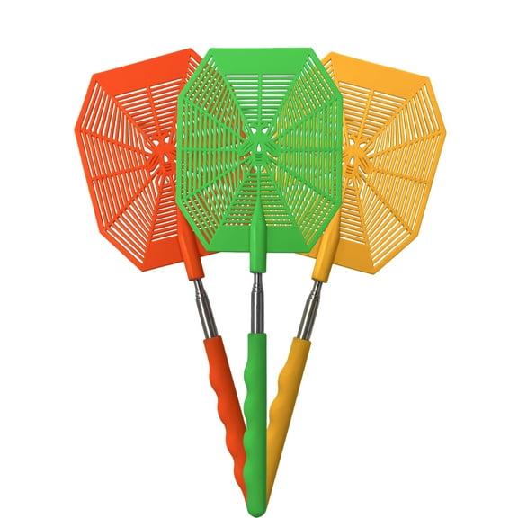 Set of 3 Telescopic Fly Swatters - Extends from 11" to 23.5" with Stanard Sized 5" x 4" Head (Octagon)