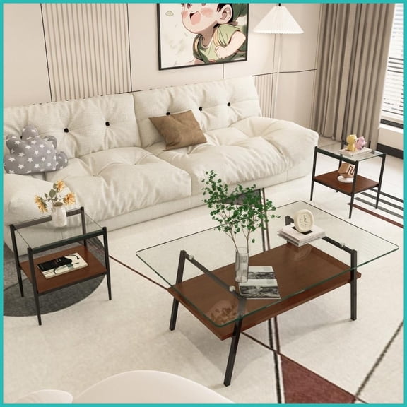 Set of 3 Tempered Glass & MDF Coffee & End Tables for Living Room - Easy-Clean Top & Ample Storage