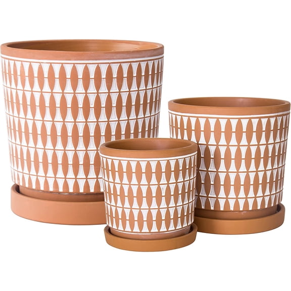 Set of 3 Terracotta Pots, 4 Inch 6 Inch 8 Inch, Planter Pots for Plants with Drainage Holes and Saucers, Pottery Red/Black