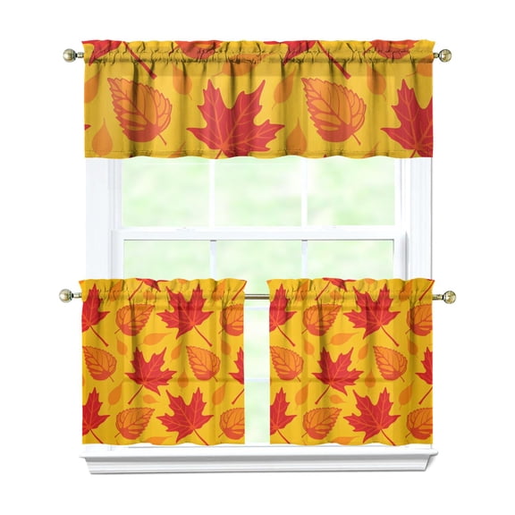 Set of 3 Thanksgiving Theme Kitchen Curtains - Pumpkin Pattern Fall Leaves Rustic Autumn Aesthetic Rod Pocket Window Panels