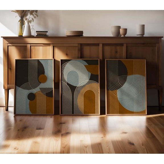Set of 3 Three Piece Geometric Wall Art Mid Century Modern Triptych for Living Room Bedroom or Entryway, Poster Only