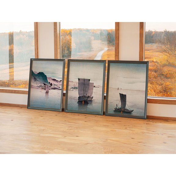 Set of 3 Traditional Maritime Wall Art, Japanese Sailing Ship Triptych, Coastal Village Decor, Vintage Woodblock Seascape Gallery Set, Poster Only