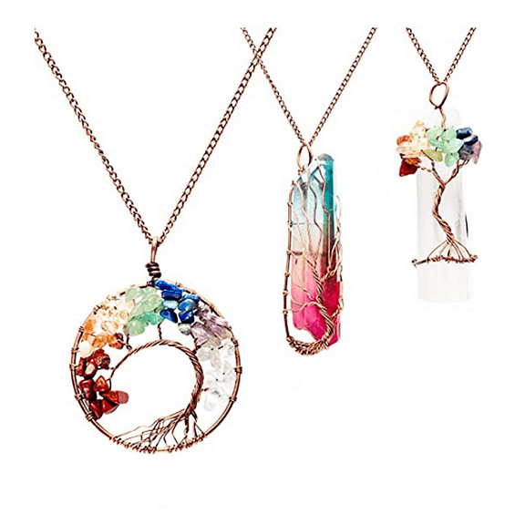 Set of 3 Tree Life Pendant ,Tree Life Quartz Crystal Pendant , Gemstone Copper Wire Wrap Necklace