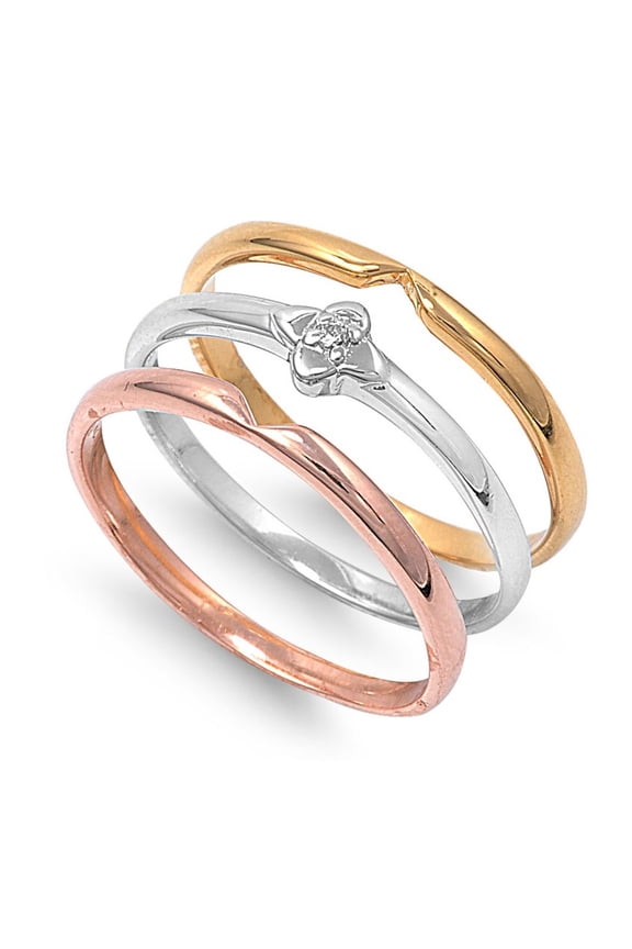 Set of 3 Tri Toned Stackable Cubic Zirconia Ring Sterling Silver 925