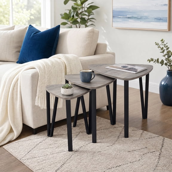 Set of 3 Triangle Nesting Coffee Tables, Stackable Industrial End Tables for Living Room