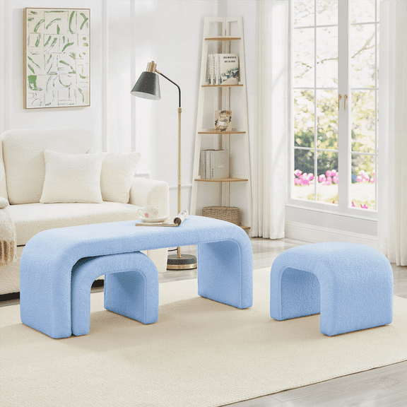 Set of 3 U-Shaped Modern Bench Teddy Ottoman Benches - Entryway, Bedroom, Living Room Use (Light Blue)