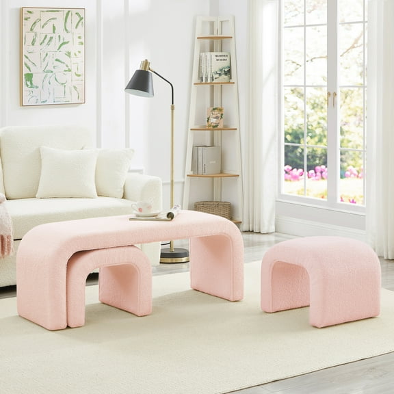 Set of 3 U-Shaped Teddy Ottoman Bench, 44+16.5 Inch, End of Bed Bench, Small Ottoman Foot Rest for Living Room, Bedroom, Entryway, Pink
