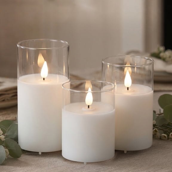Set of 3 USB-C Rechargeable Flameless LED Glass Pillar Candle Set with Real Wax Remote Control Timer and Dimmable Light