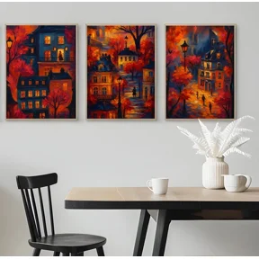 Set of 3 Urban Night Scene with Warm Autumn Color Poster Home Art Pub A3 A4 A5, Poster Only
