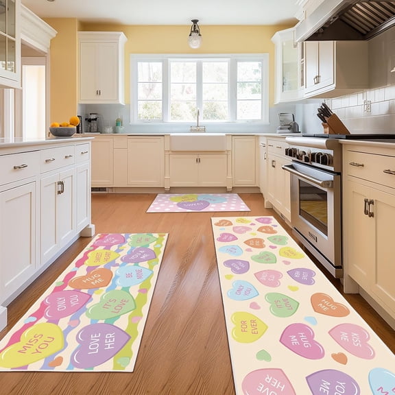 Set of 3 Valentine Kitchen Rugs Conversation Heart Kitchen Mats Washable Floor Mats for Home Living Room Decoration