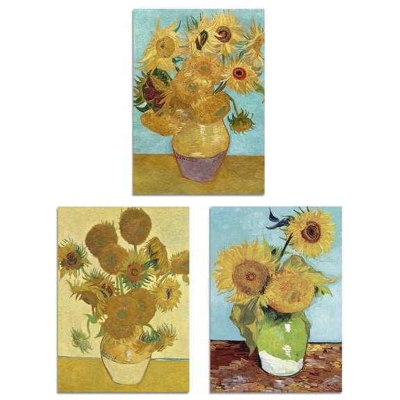 Set of 3 Van Gogh Sunflowers Yellow Orange Classic Wall Art Prints A4 Size Living Room Decor