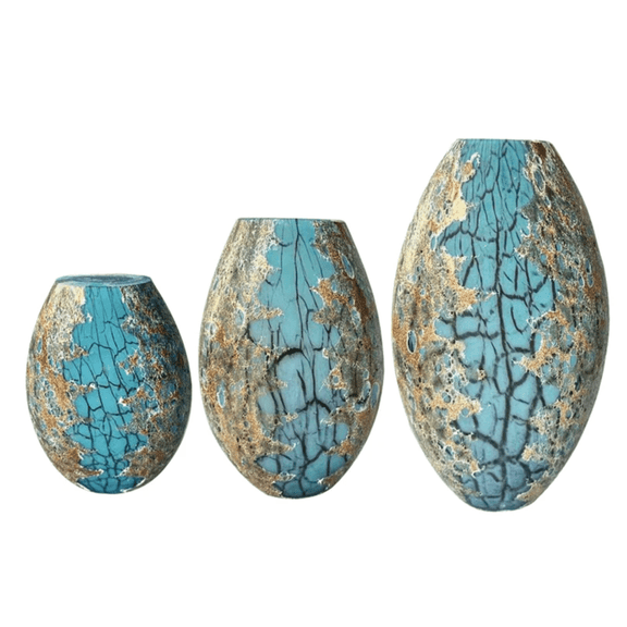 Aria Home Handblown Glass Vase Set of 3 Teal Oval Flower Vases for Valentine & Birthday Gift, Teal Gold