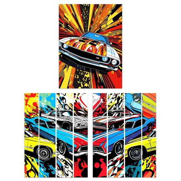 Set of 3 Vibrant Muscle Sports Cars Comic Strip Artworks Yellow Red Blue Bright Unframed Wall Art Living Room Poster Prints Pack