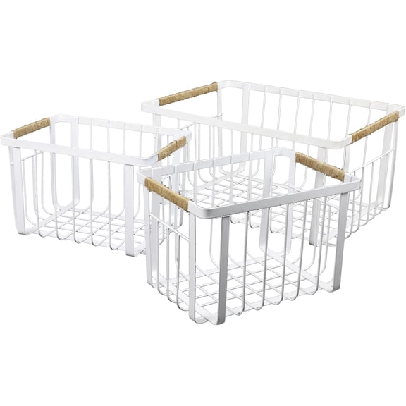 Set of 3 Vintage Farmhouse Wire Metal Nesting Storage Baskets with Jute Handles, White Mesh Open Bin for Shelves and Countertop