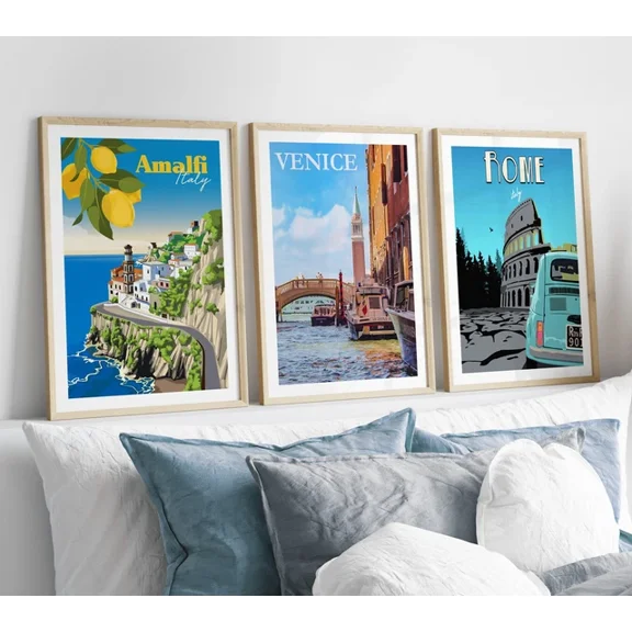 Set of 3 Vintage Retro Travel Posters Italy Venice Rome Wall Art Prints Pictures, Poster Only