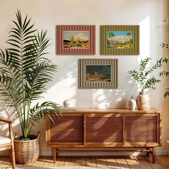 Set of 3 Vintage Western Landscape Poster Striped Postcard Desert Cactus Wall Art Boho Plant Print for Living Room Bedroom Office, Poster Only