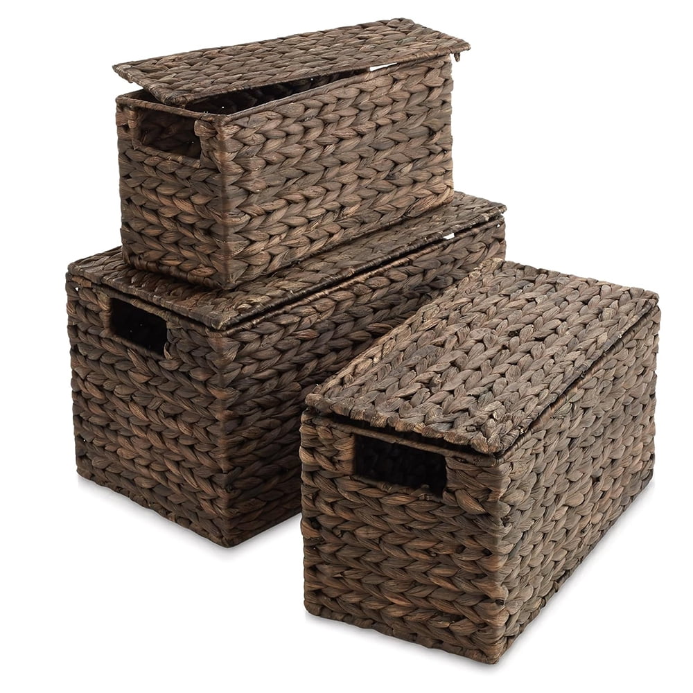 Set of 3 Water Hyacinth Storage Baskets with Lids, Small, Medium, Large ...