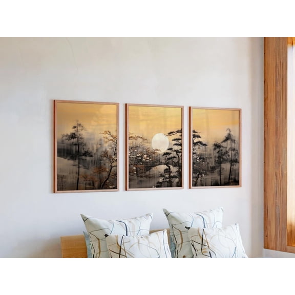 Set of 3 Watercolor Landscape Wall Art, Soft Wash Japandi Triptych, Minimalist Nature Decor, Painterly Gallery Set for Interior, Stretched Canvas