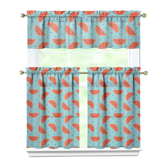 Set of 3 Watermelon Print Tier Curtains - Summer Party Theme Semi-Sheer Kitchen Window Treatments with Rod Pocket, Fresh & Refresh Design