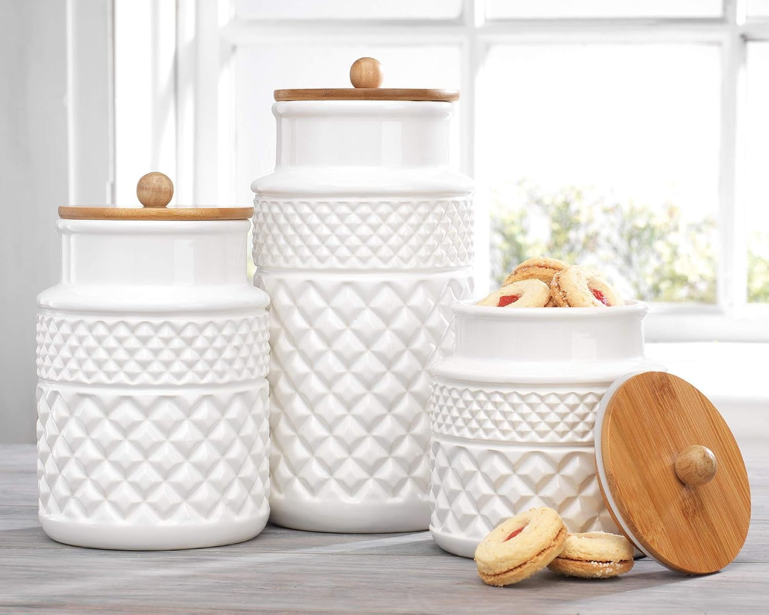Set of 3 White Canisters with Wooden Lid 3 Round Ceramic Jars Bamboo Covers with Rubber Sealed Gasket For Food Storage, Kitchen Decor