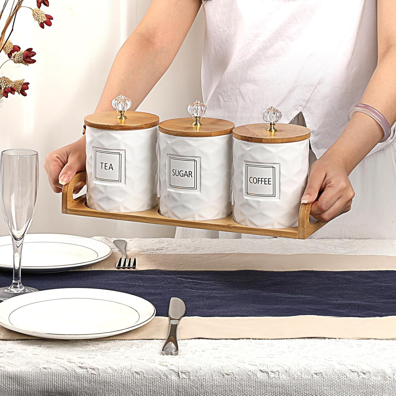 Set of 3 White Ceramic Canisters with Handles for Sugar, Coffee, Tea - Luxurious Storage Jars for Kitchen & Dining