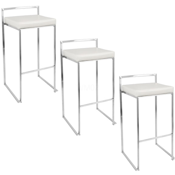 Set of 3 White Faux Leather Stackable Bar Stools, 30 Inch Contemporary Chrome Bar Height Stools with Padded Seats