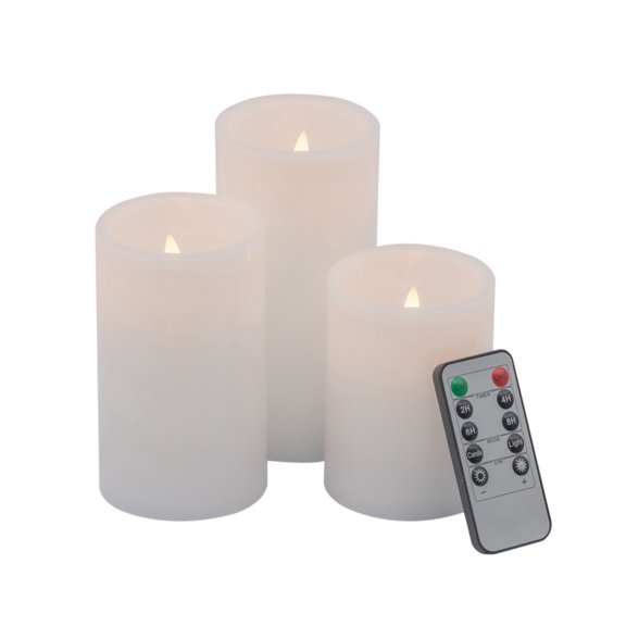 Set of 3 White LED Candles with Timer, L:D3X6" M:D3X5" S:D3X4"