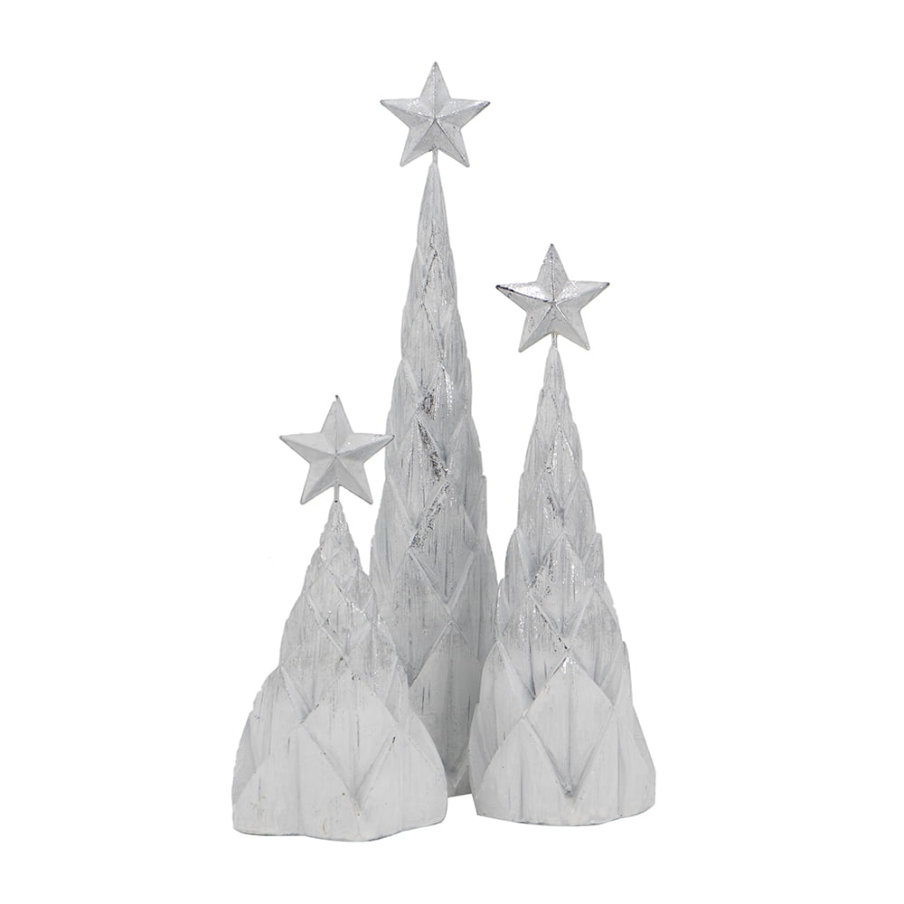 Set of 3 White Polyresin Christmas Trees Silver Foil Finish Star Toppers Tabletop Holiday Decor