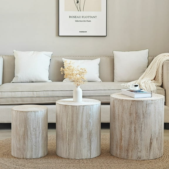 Set of 3 White Wash Wood Coffee Table with Clear and Visible Tree Rings